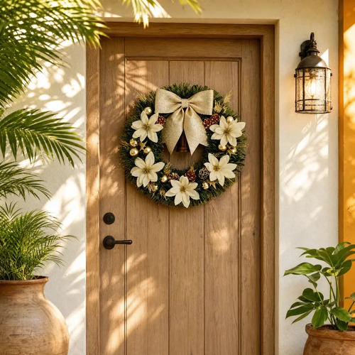 Guirlanda De Natal Laço Dourado Flores Para Porta E Parede