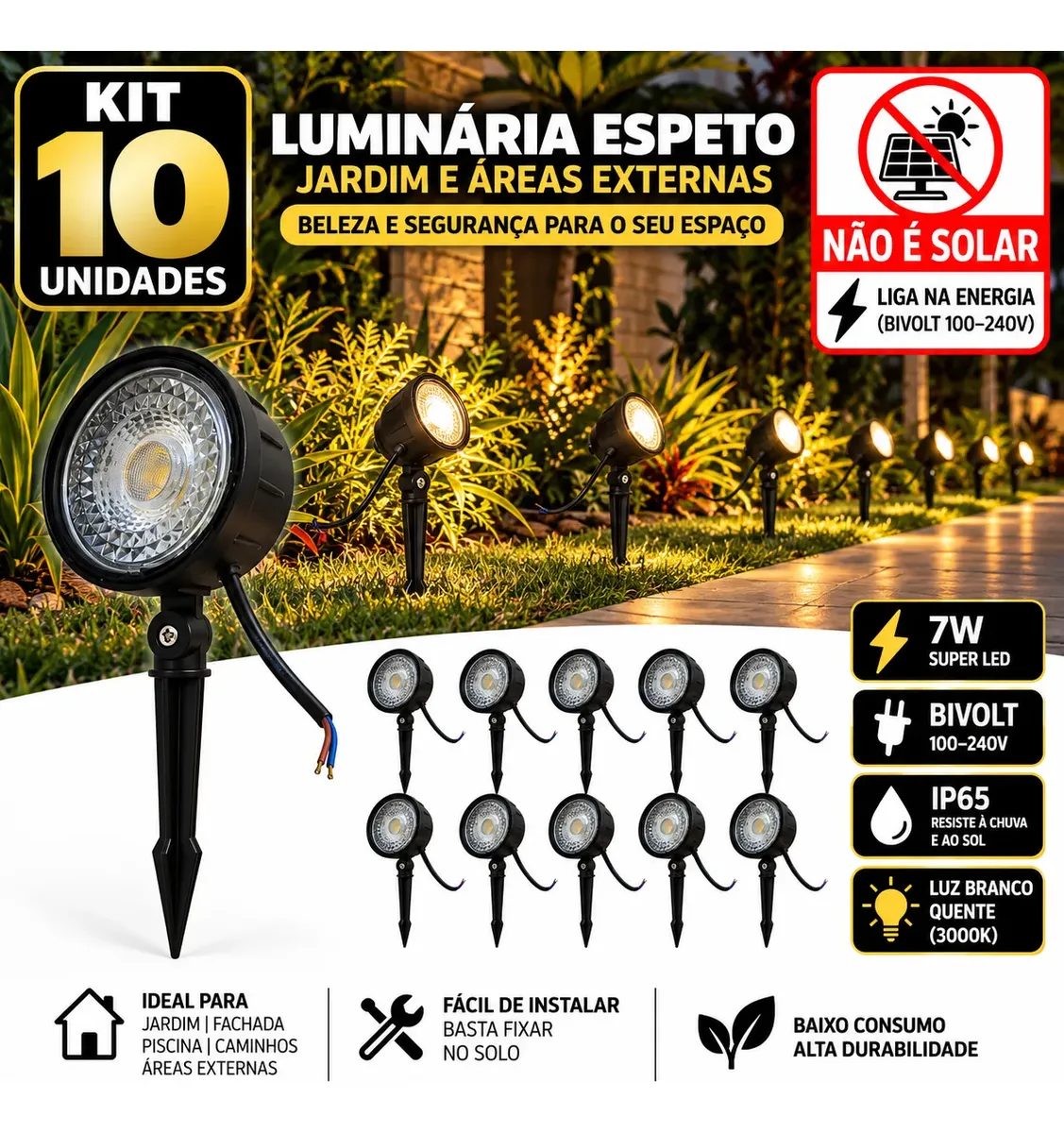 Kit 10 Luminária Espeto Jardim Super Led 7w Ip65 Prova Dágua