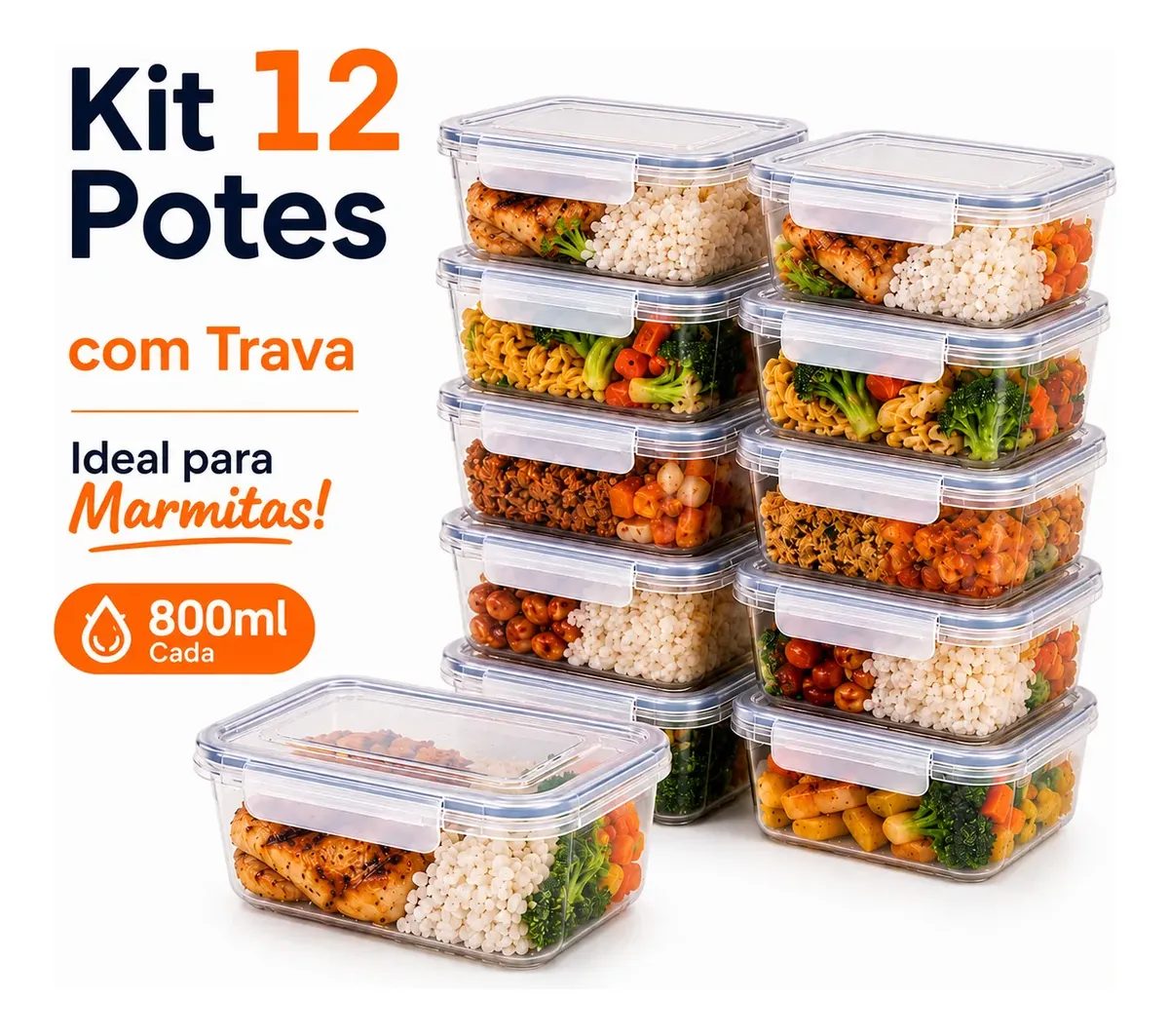 Kit com 12 Potes Marmita Com Trava Lateral Freezer Microondas Transparente