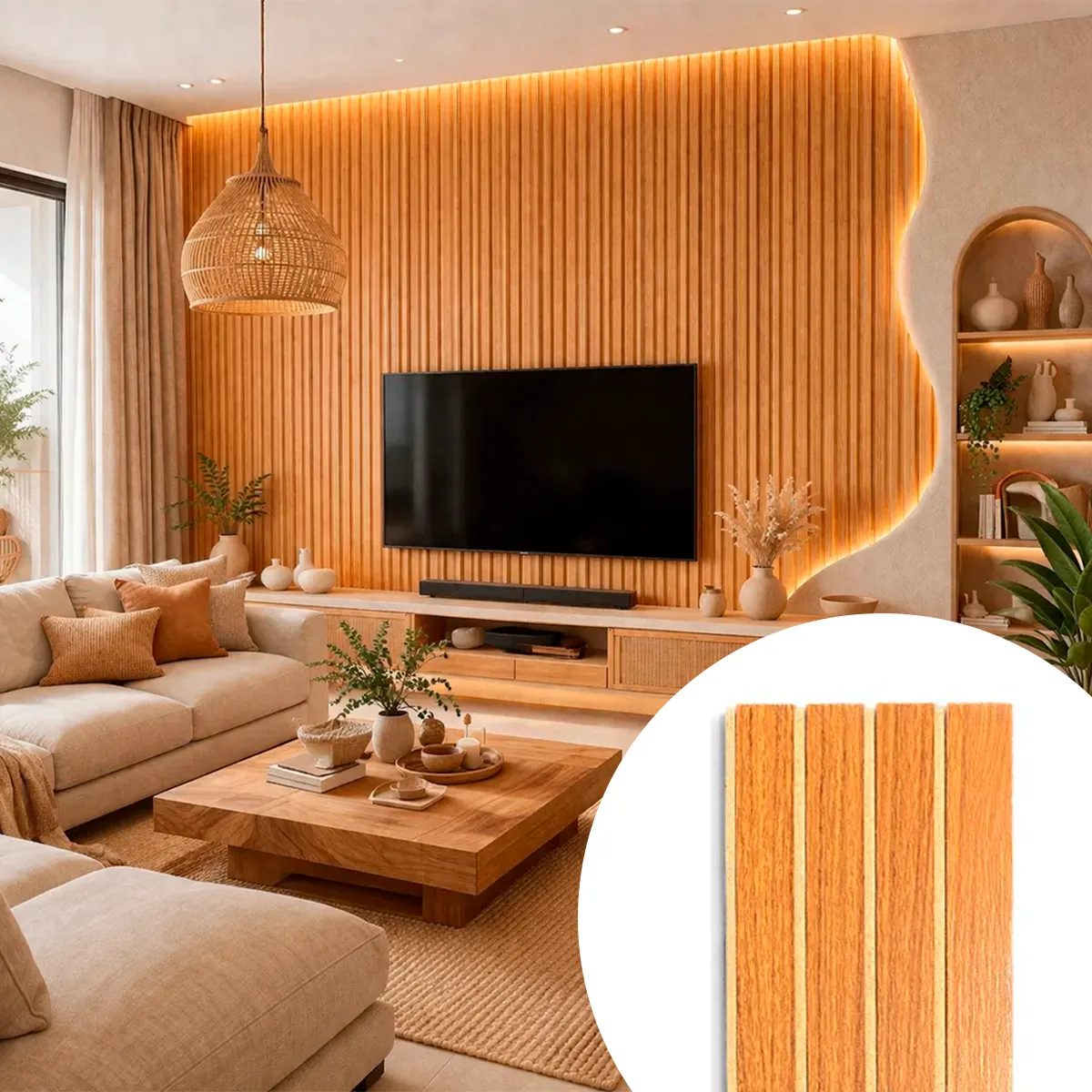 Kit com 30 Placas 3d Decorativa Ripada Mdf Autocolante Cabeceira Freijo