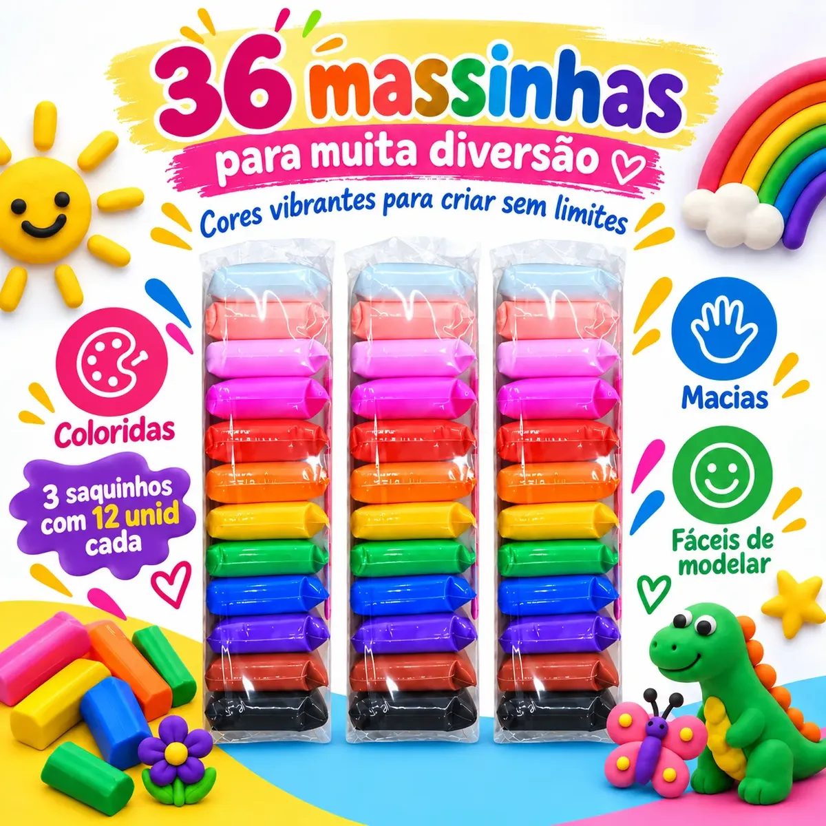 Kit 36 Massinha Eva Infantil Estica E Pula Fácil De Modelar