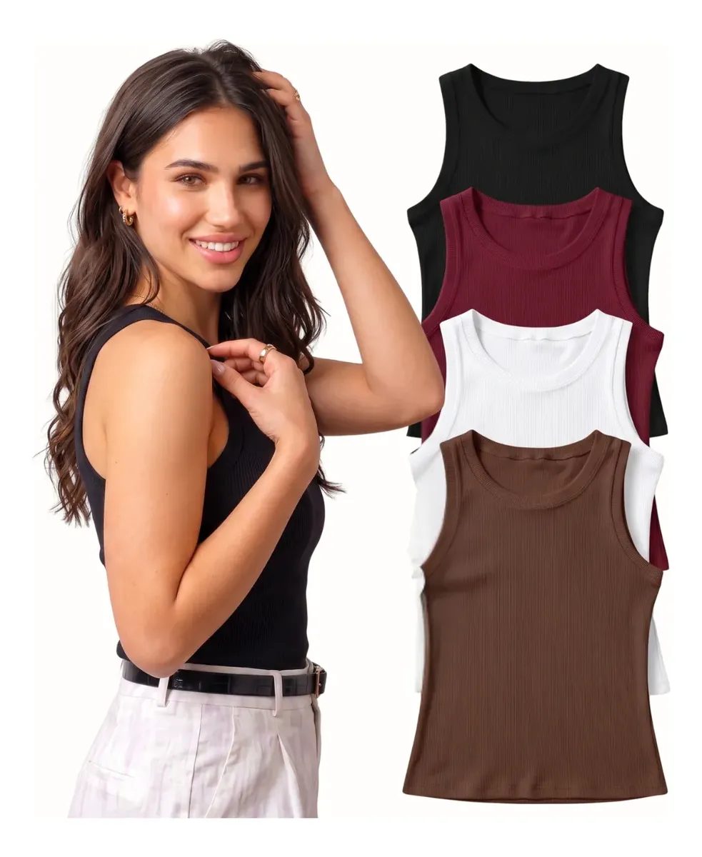 Kit 4 Blusa Regata Canelada Feminina Nadador
