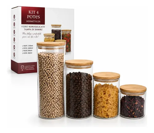Kit 4 Potes De Vidro Hermetico Tampa De Bambu