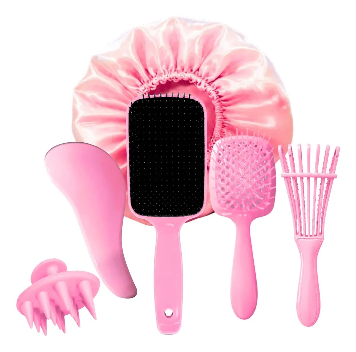 Kit 5 Escovas Cabelo Escova Polvo Mágica Raquete Vazada Touca
