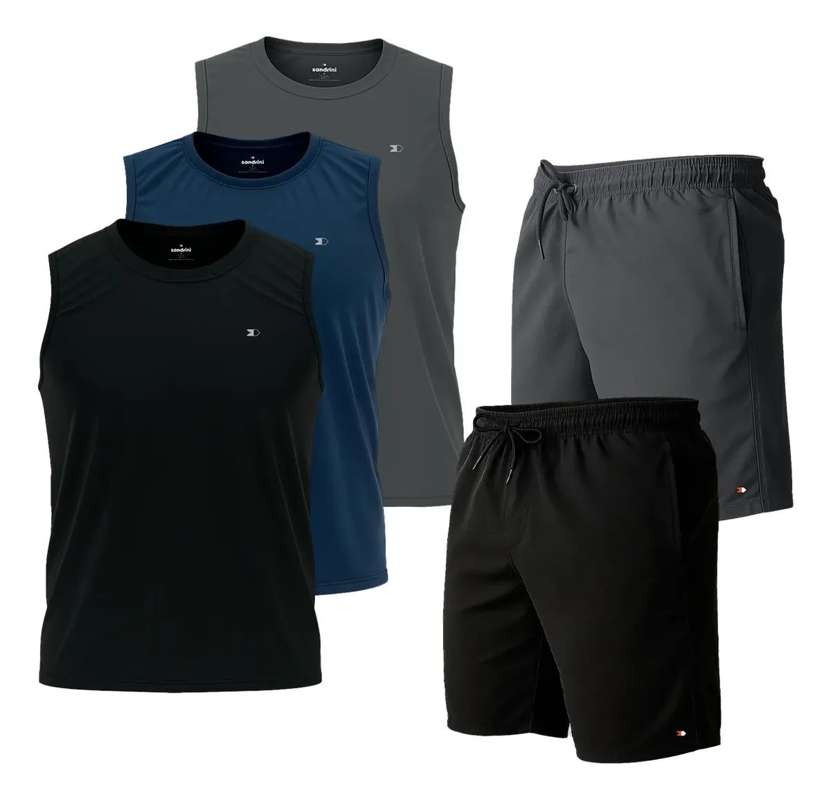 Kit com 5 Pçs 3 Camisas Regata Dry-fit Sandrini +2 Short Tactel