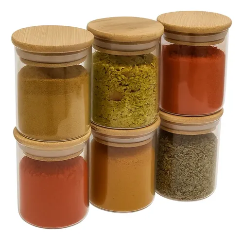 Kit 6 Potes De Mantimento Vidro Hermético Tampa Bambu 200ml