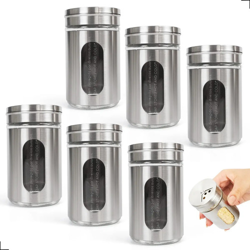 Kit C/ 6 Unidades Porta Temperos Em Aço Inox / Vidro - Saleiro, Pimenteiro... Prateado