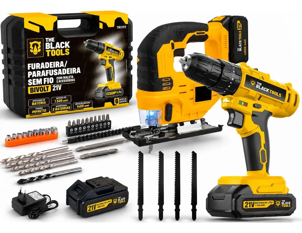 Kit Furadeira Impacto 21v 2 Bat + Serra Tico Tico Com Lamina