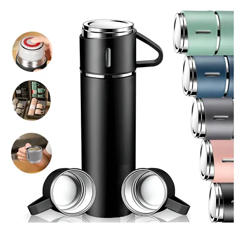 Kit com Garrafa Térmica Vacuum Bottle Inox 500ml + 3 Xícaras