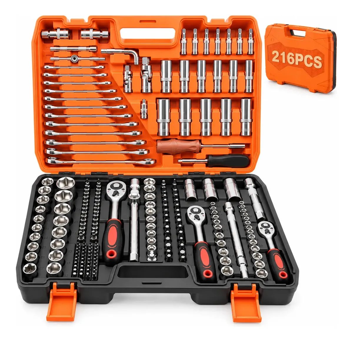 Kit Jogo Soquete Chave Catraca 216 Pecas Aço Crv Com Maleta