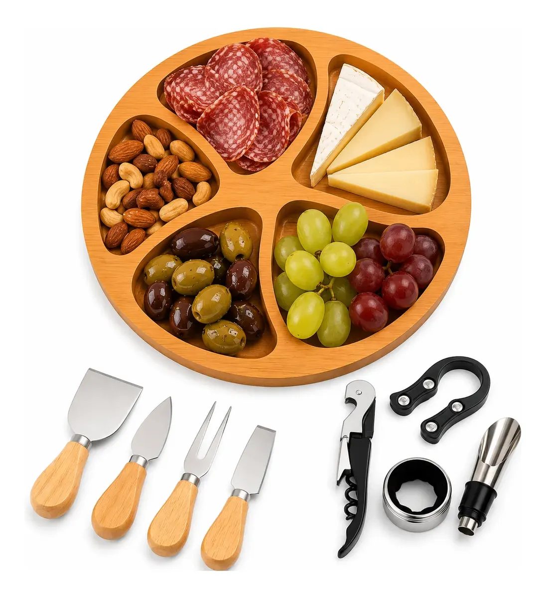 Kit Vinho 4 Peças + 4 Facas P Queijo + Petisqueira