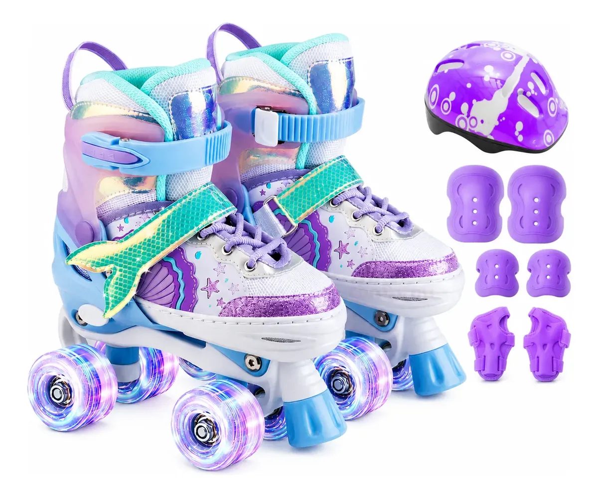 Patins Ajustável Infantil 4 Rodas Menina Kit Proteção E Led P- 29 Ao 32 Kit Sereia Roxo