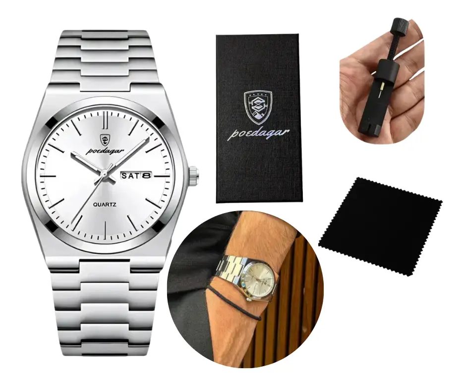 Relógio Poedagar Suiço Masculino Aço Inox Old Money C/caixa