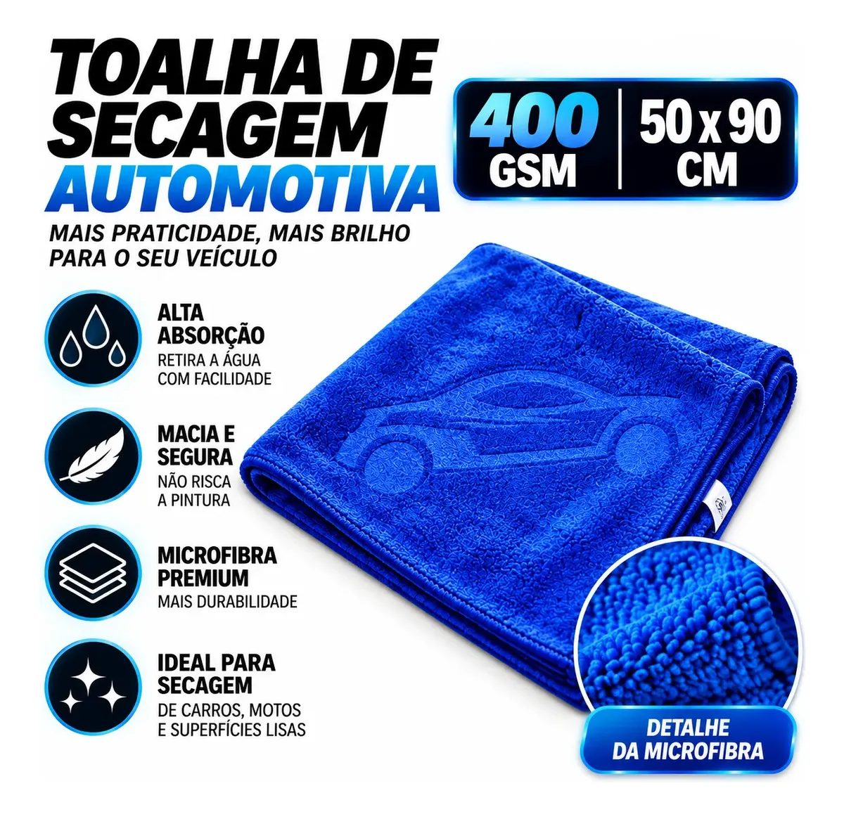 Toalha de Secagem Automotiva 400gsm 50x90cm