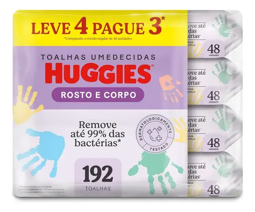 Kit Lenço Umedecido Infantil Huggies Rosto e Corpo 4 Pacotes com 48 Unidades
