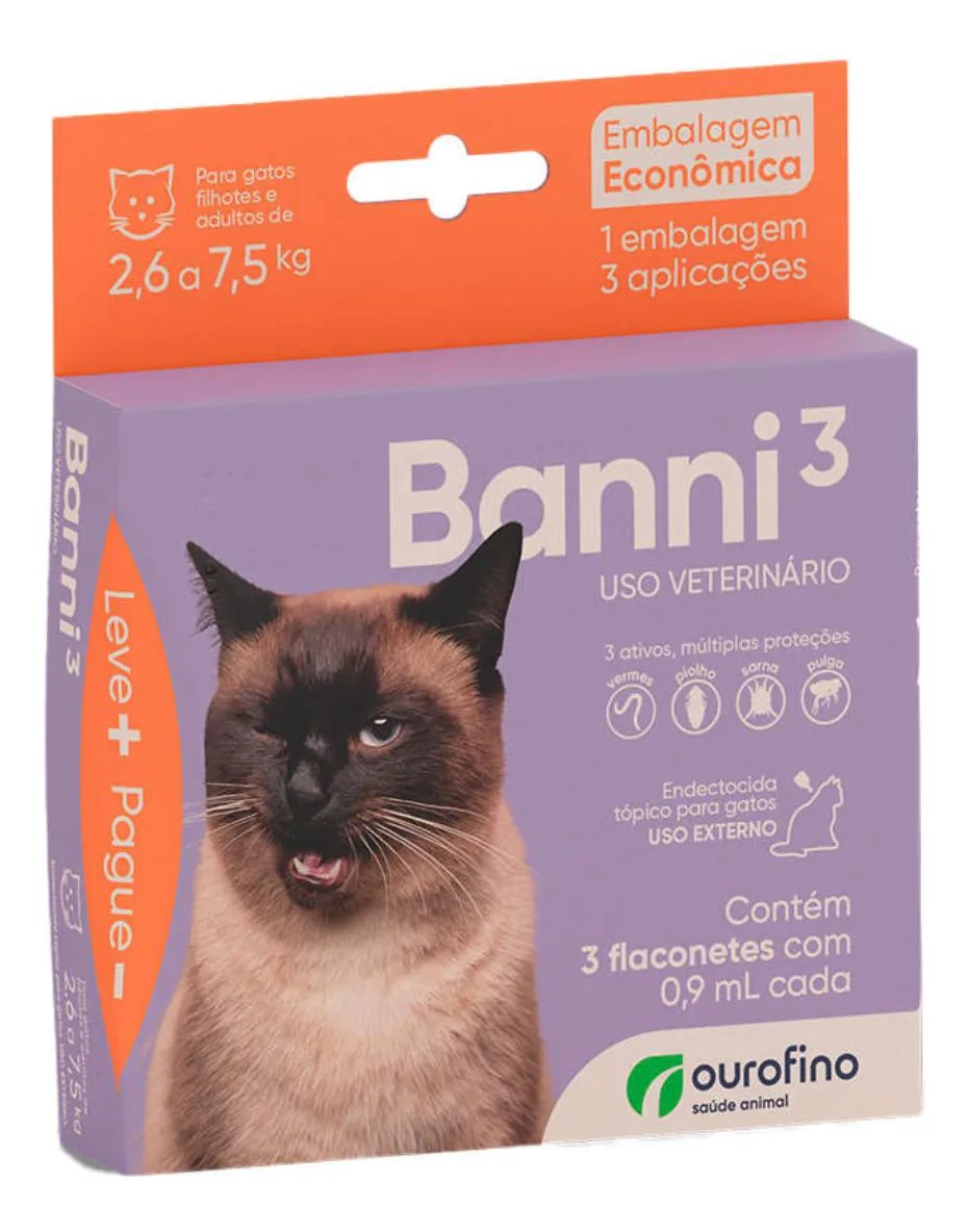 3x Banni 7,5kg 0,90ml Embalagem Economica 150 Dias Ourofino