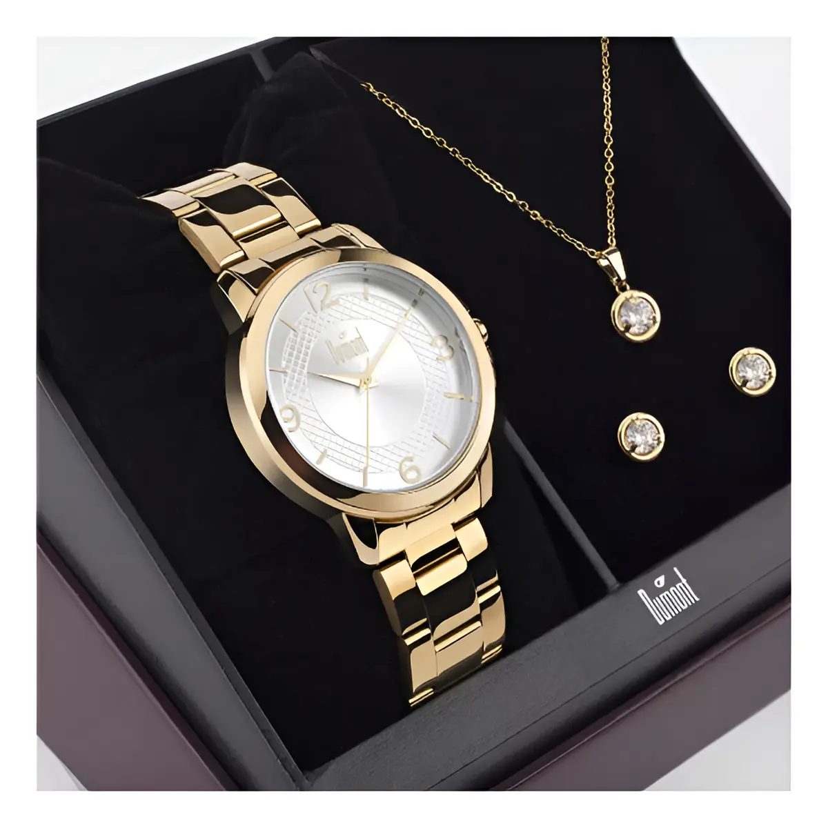 Kit de Relógio Feminino Dumont Dourado com Semijoia Aço e 38 mm