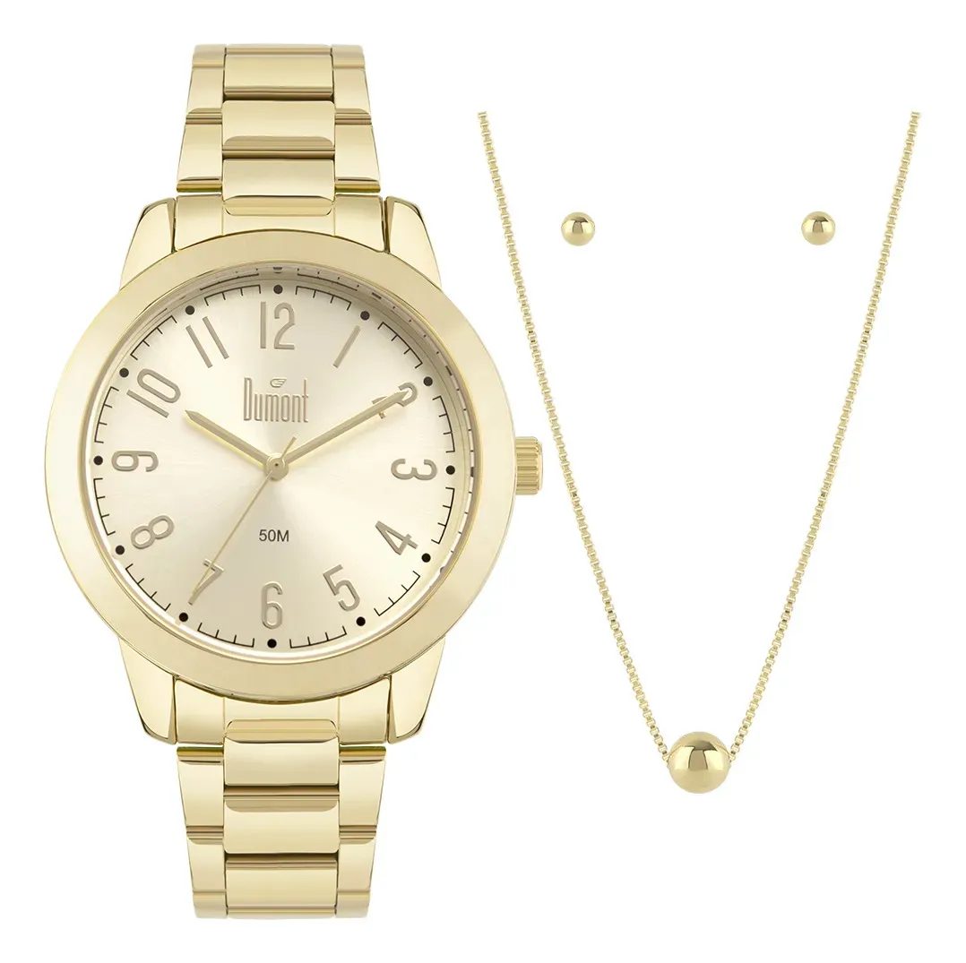 Kit Relógio Feminino Dourado Dumont Com Semijoia Dourado