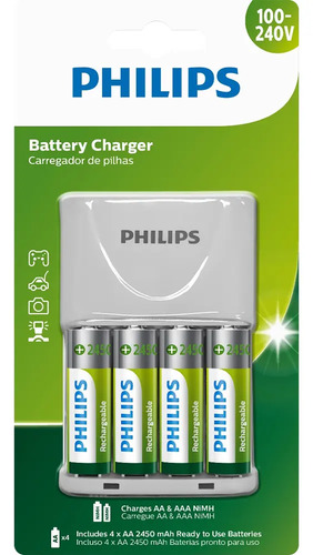 Carregador C/ 4 Pilhas Philips Recarregaveis Aa 2450mah