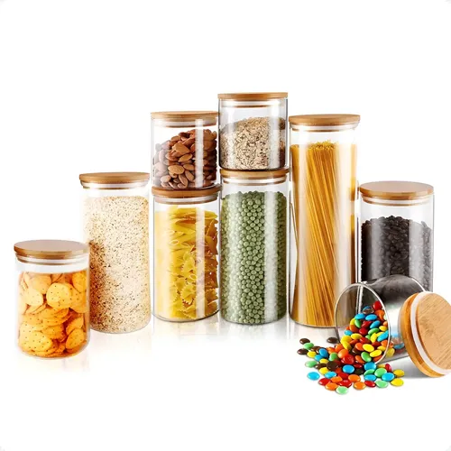 Kit 9 Potes Mantimentos Vidro Herméticos Com Tampa Bambu