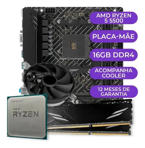 🔥 Kit Upgrade Gamer Amd Ryzen 5 5500 + A520m + 16GB Ddr4 Cor Preto
