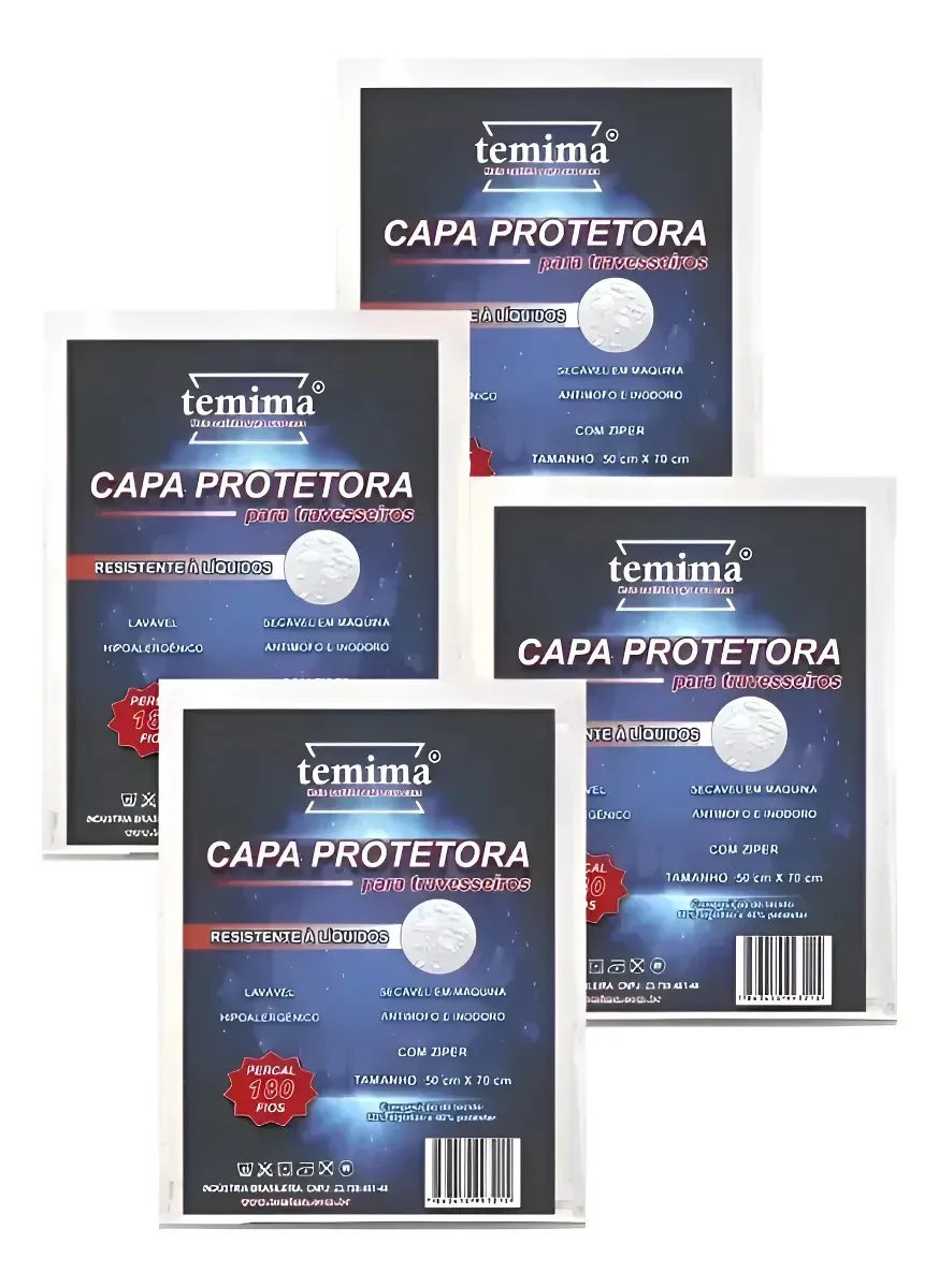 Kit 4 Capas de Travesseiro Antiácaro Impermeável Percal 180 Fios Algodão com Zíper