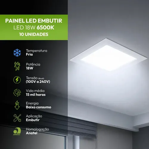 Kit 10 Painel led Plafon Embutir 18w 6500k Branco Frio 12cm 110v/220v