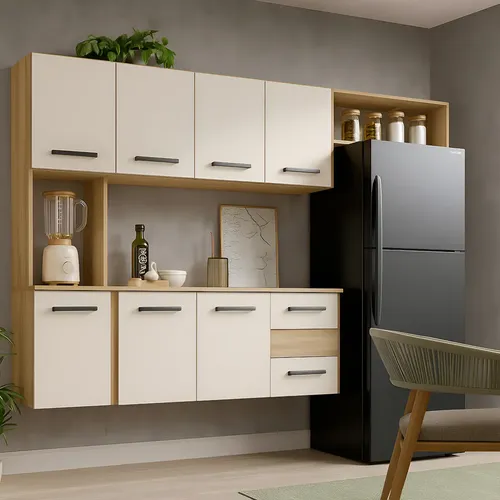Kit Armário De Cozinha Multiuso Compacta Suspensa Com 7 Portas E 2 Gavetas Cor Cinamomo Of