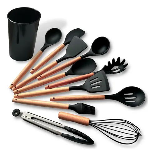 ✅ Kit Utensílios Silicone e Madeira