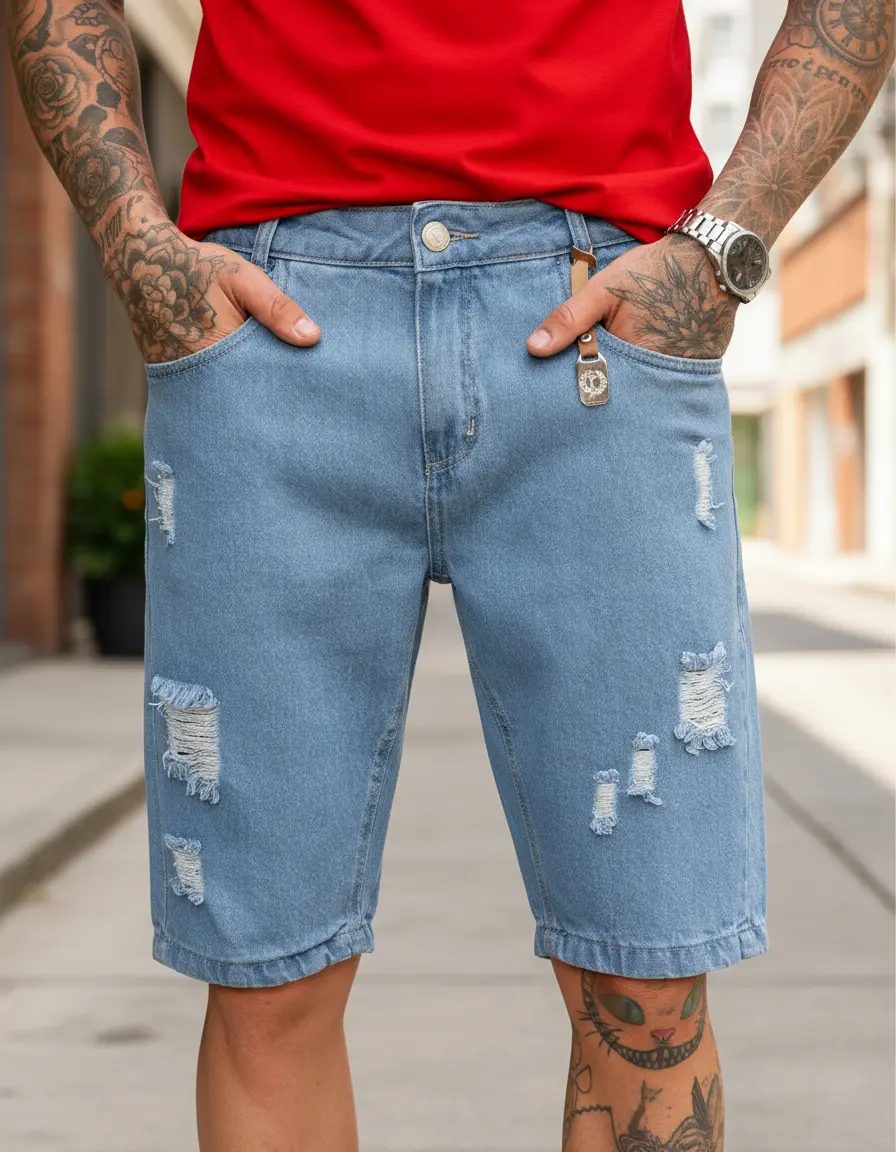 Bermuda Jeans Rasgada Masculina
