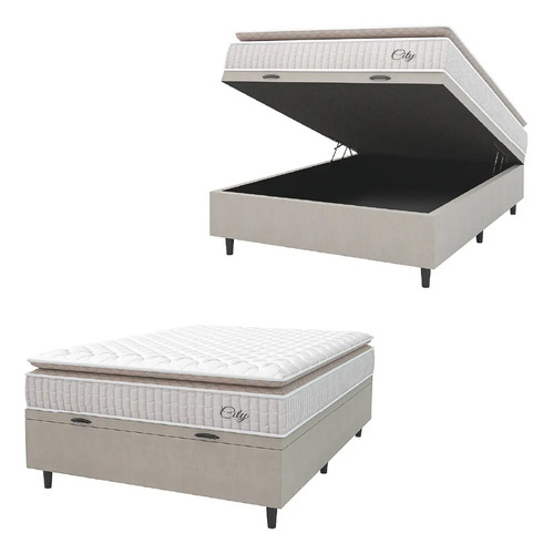 Cama Box Baú Colchão Casal Molas Ensacadas City Pillow Top 138x188x64cm Branco e Bege Hell