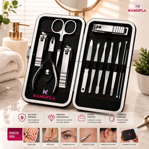 Kit Cortador De Unha Portátil Estojo Alicate Manicure 12 Pç - Kamufla