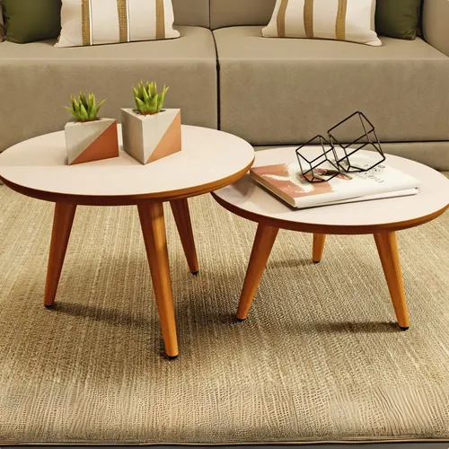 Conjunto Mesa De Centro Para Sala Redonda Pés Palito