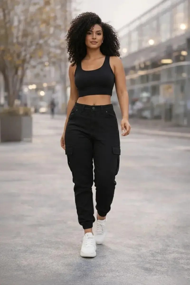 Calça Cargo Jogger Jeans Feminina Cintura Alta Com Lycra