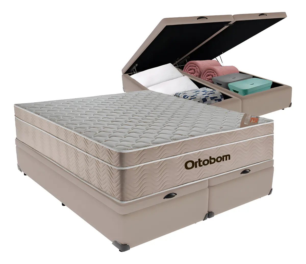 Cama Box Baú Queen Ortobom Airtech Molas Ensacadas Bege com Suede