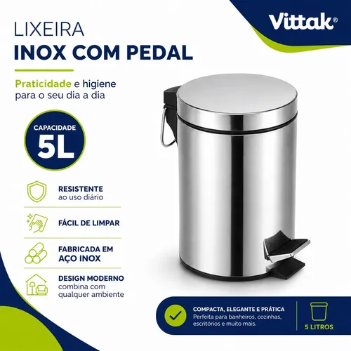Vittak Lixeira 5 Litros De Aço Inox
