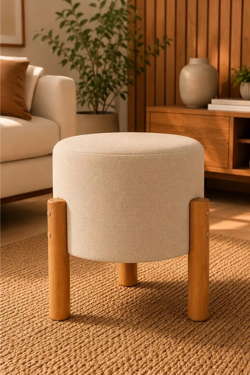 Puff Banqueta Decorativa Linho Madeira