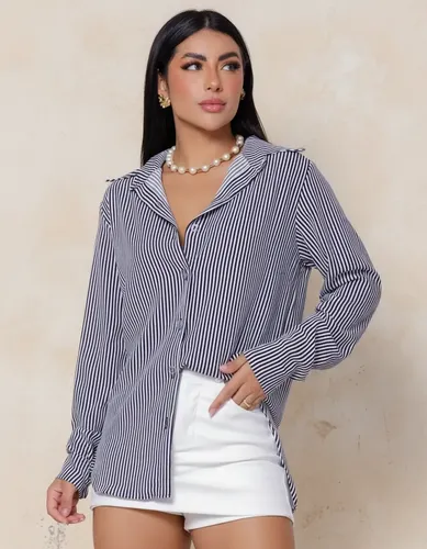 Camisa Social Feminina Clássica Listrada C/ Botões Tendência