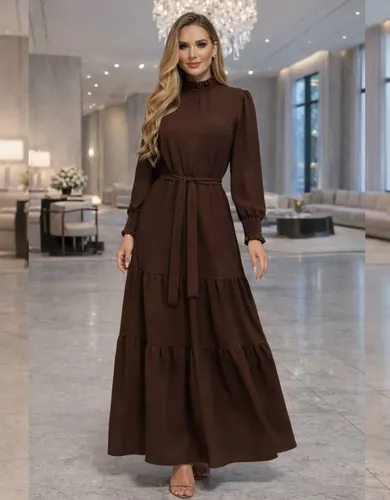 Vestido Longo Feminino Manga Longa Gola Alta Evangélico Luxo