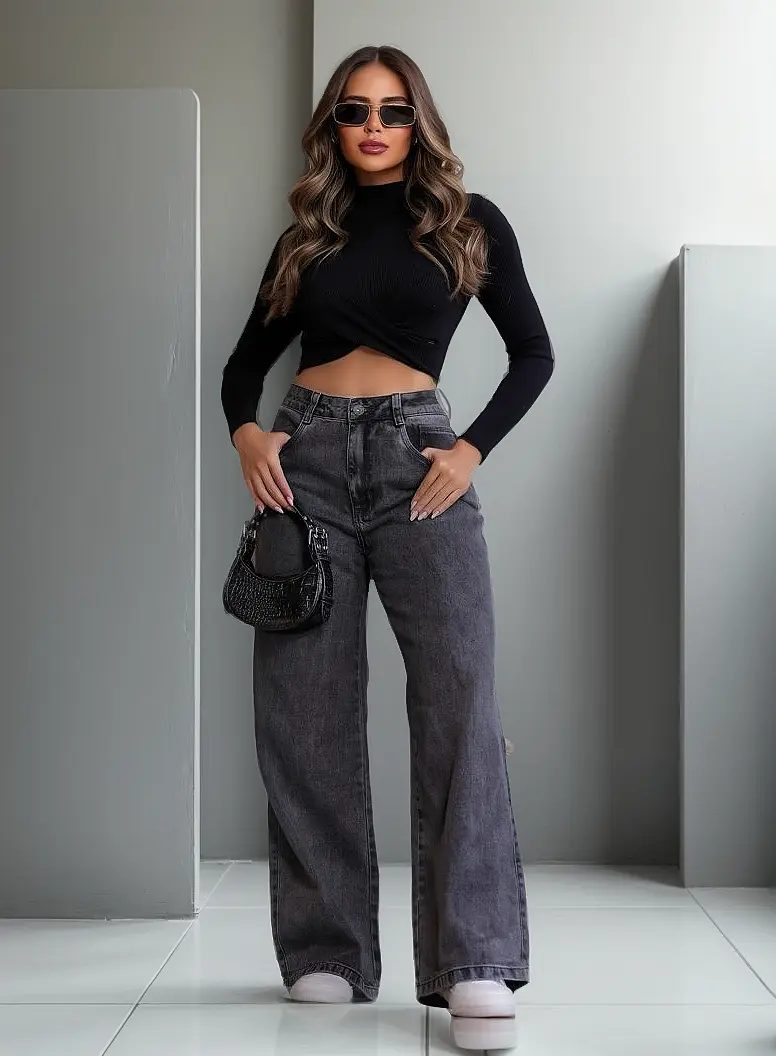 Calça Jeans Feminina Wide Leg Pantalona 100% Algodão