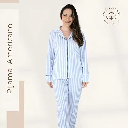 Pijama Americano Feminino Longo Algodão - Listrado ​Azul