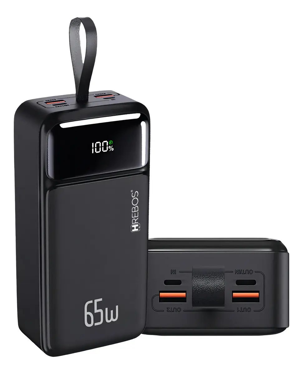 Power Bank Turbo 65w Hrebos 30000mah Com Display Digital Cor Preto