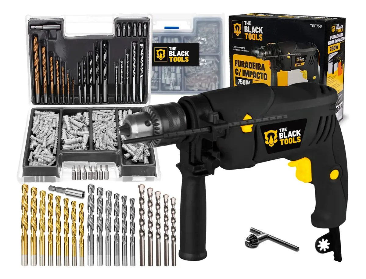 Furadeira De Impacto 13mm 750w Profissional Com Kit Brocas Buchas E Bits 300 Peças The Bla