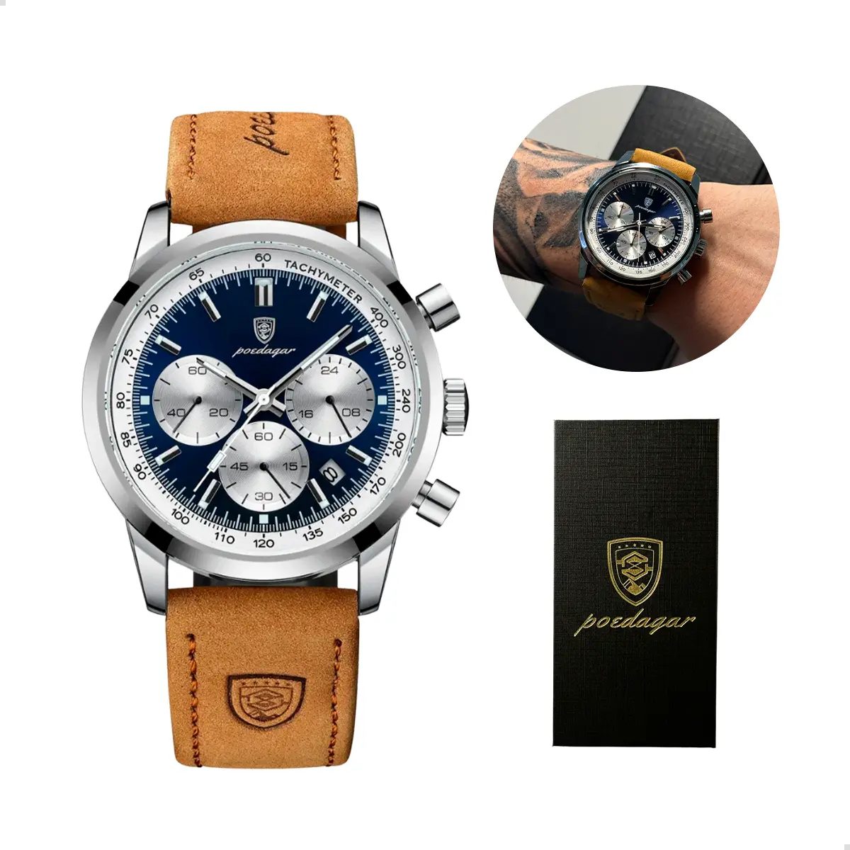 Relógio Luxo Poedagar Masculino Pulseira Em Couro Funcional (6 cores)