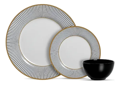 Aparelho de Jantar 12 Peças Alleanza Cerâmica Branco e Preto Redondo Ritz
