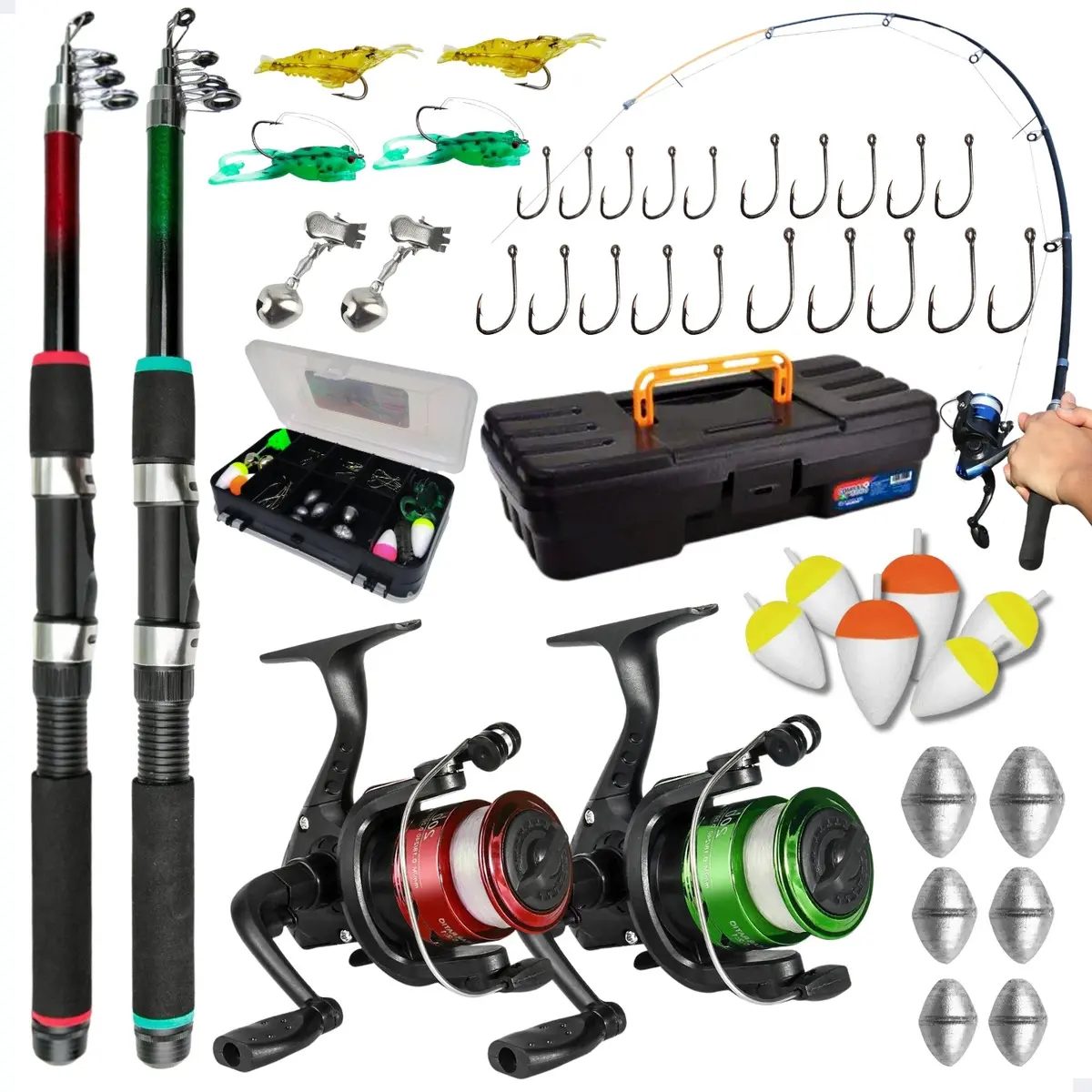 Pescamping Kit Pesca Completo 2 Varas Fibra De Vidro E 2 Molinetes Leve Com Linha Estojo E