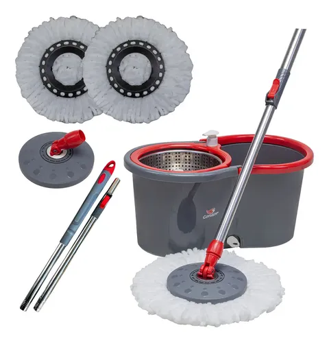 Mop Esfregão Giratório Condor Balde Inox 13 Litros + Refil Microfibra + Cabo Longo 1,4 Met