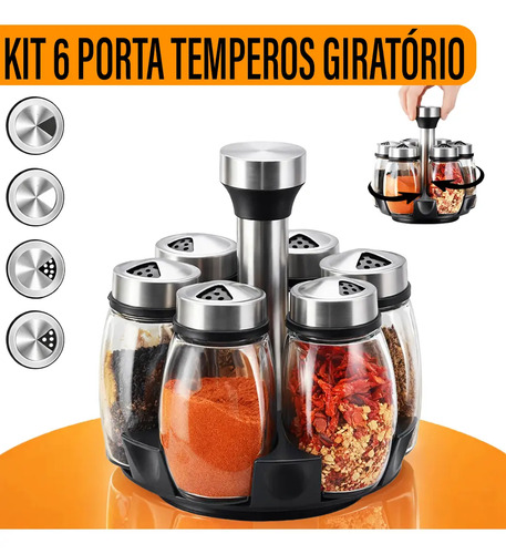 Yab - Porta Tempero De Mesa Saleiro Giratório 6 Potes P/ Condimentos Em Vidro E Aço Inox C