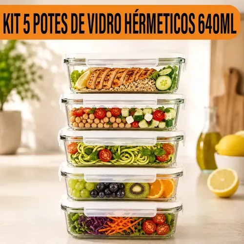 Kit 5 Potes De Vidro C/ Tampa Hermético 640ml
