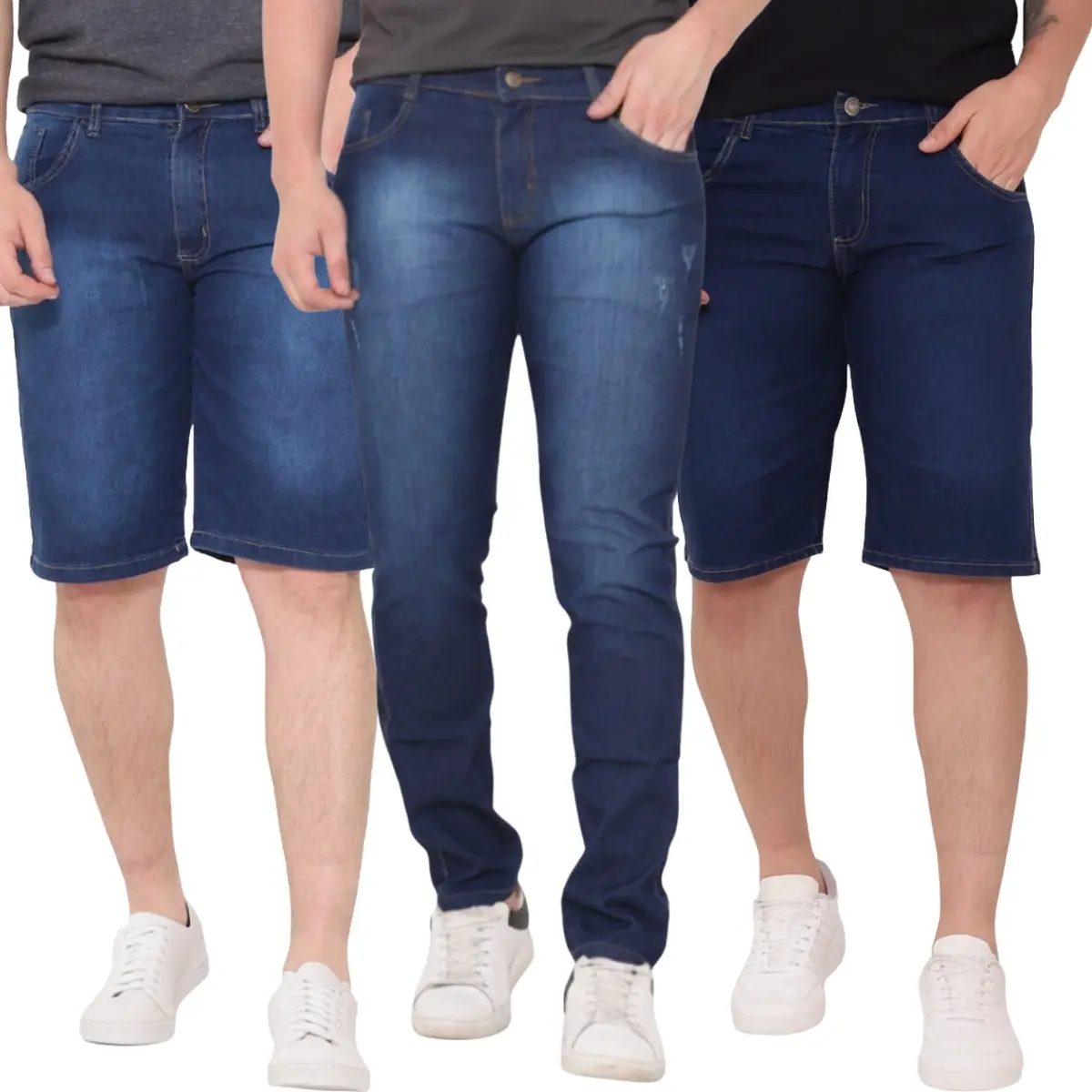 Kit 2 Bermuda Jeans E 1 Calça Jeans Skinny Lycra
